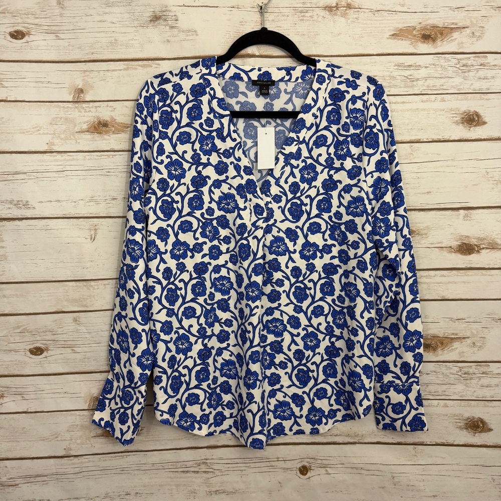 Ann Taylor White Blue Floral Split Neck Long Sleeve Blouse NWT